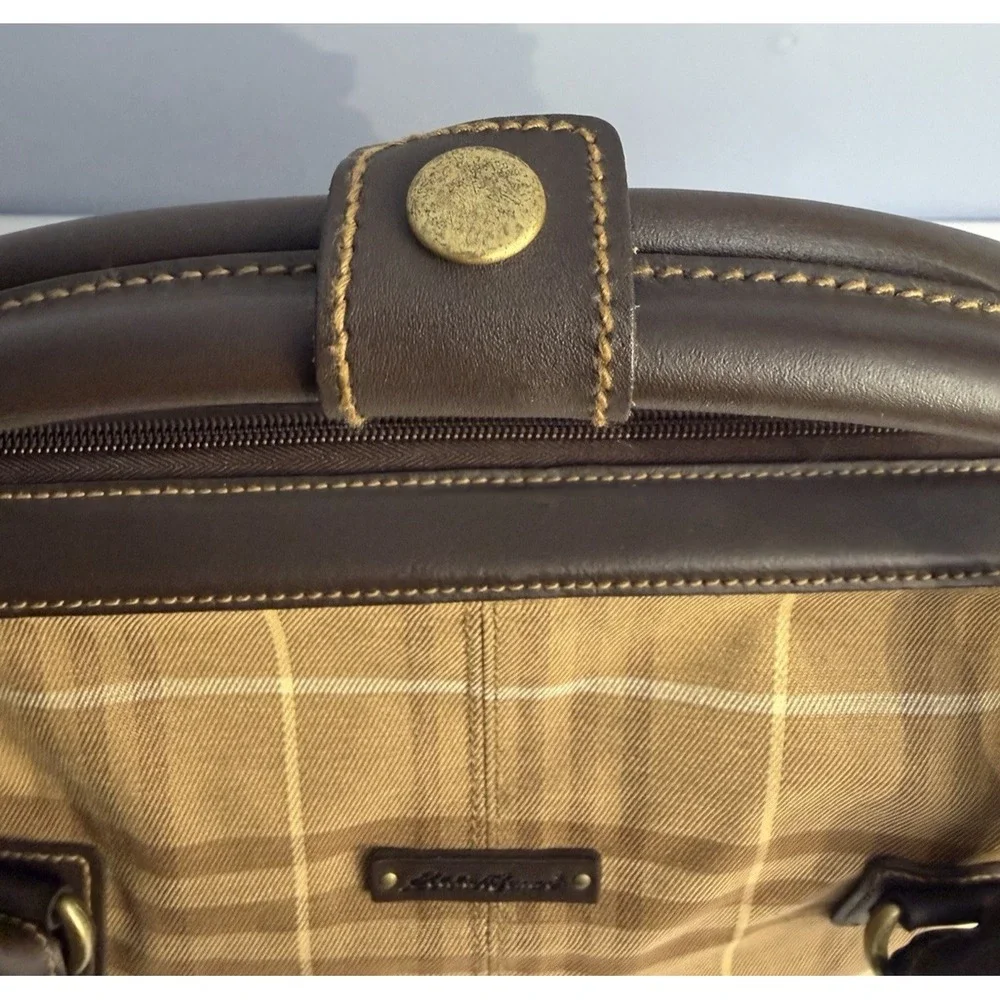 Eddie Bauer Plaid Check Brown Canvas Leather Duffel Travel Bag Luggage NWT